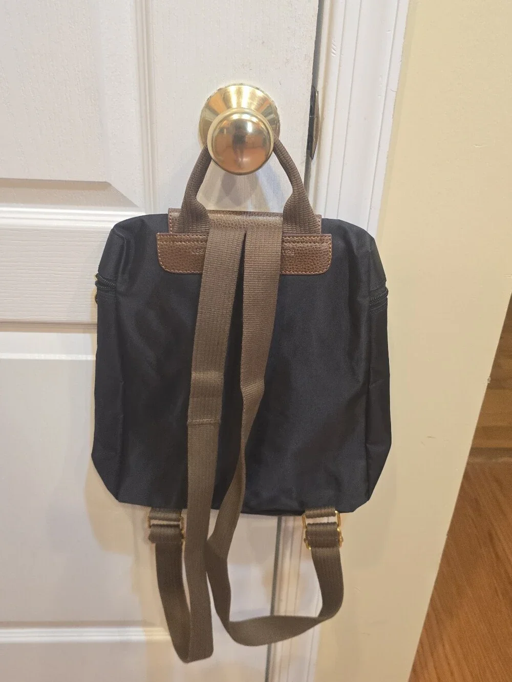 Longchamp Le Pliage Black Backpack Brown Trim Gold Hardware
